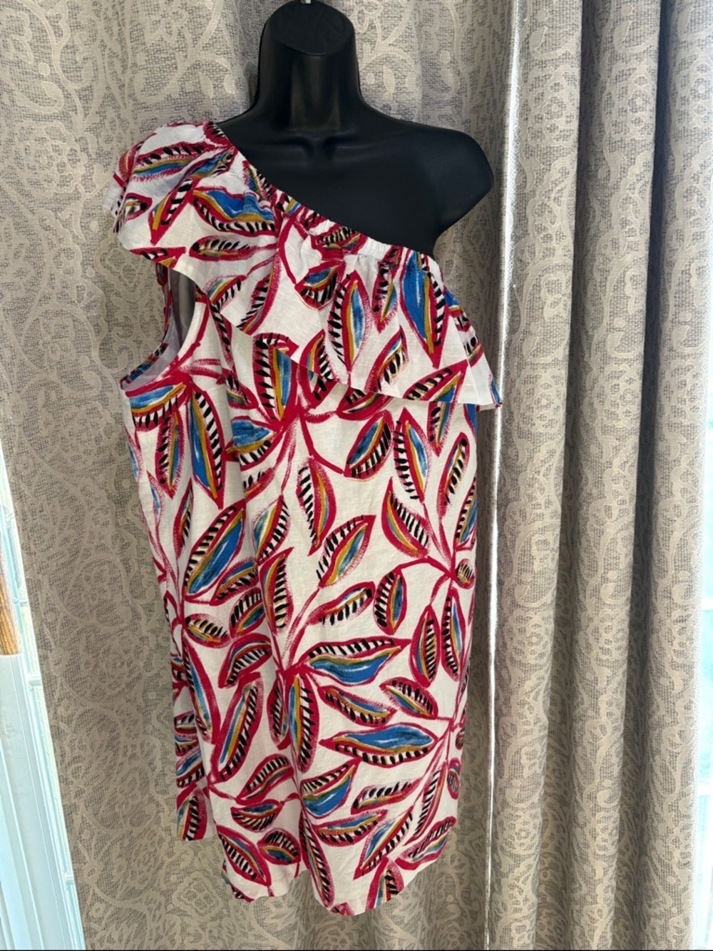 J. Crew One-Shoulder Leaf Print Dress in White, Pink, Blue